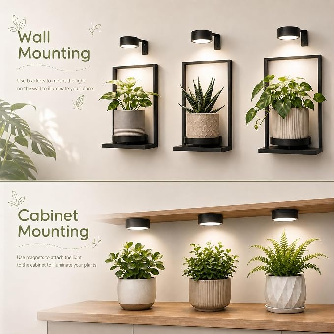 3-Pack Rechargeable Grow Lights for Indoor Plants, Cordless Plant Grow Lamp | Wireless Full Spectrum LED Plant Light with Magnetic, 7 Lights Mode Puck Grow Lamp with Remote Dimmable＆Timer for Plant Shelf