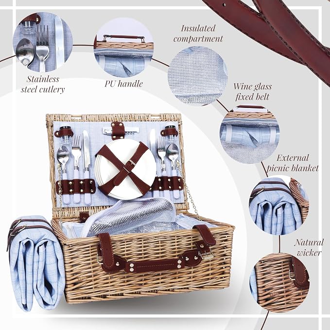 Picnic Baskets Wicker Willow Picnic Set for 4 Persons with Insulated Cooler Bag and Waterproof Blue Picnic Blanket Gift for Christmas Thanksgiving Wedding Birthday Camp Outdoor Beach Travel