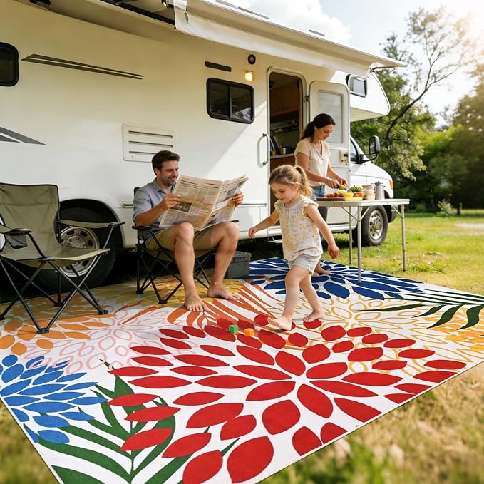 Yinhua Dahlia Floral Outdoor Rug 5x7 Colorful Indoor Outdoor Rugs Washable Patio Rug Non Slip Large Flower Area Rug Low Pile Outdoor Carpet for Patio, Deck, Porch, Balcony, Camping, Red and Blue