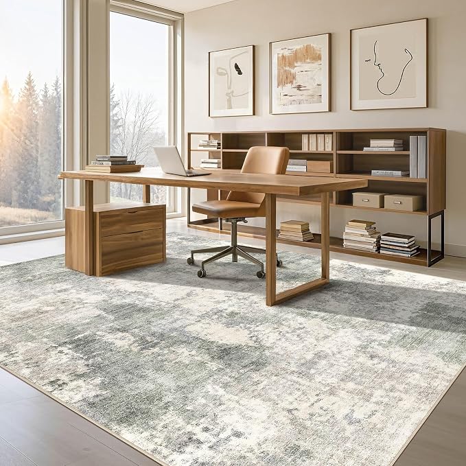 Tortania Washable 12x18 Area Rug for Living Room: Modern Abstract Neutral Large Soft Thin Rugs - Non Slip Indoor Carpet for Bedroom Dining Room Office Nursery Home Floor Decoration - Gray Green