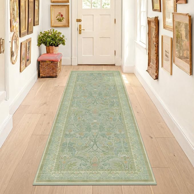 Washable Bathroom Runner Rug 2x5 Non Slip, Sage Green Small Throw Rug for Bedroom Bedside, Entryway, Hallway, Kitchen, Thin Low Pile Cottage Core Pastel Floor Carpet Stain Resistant