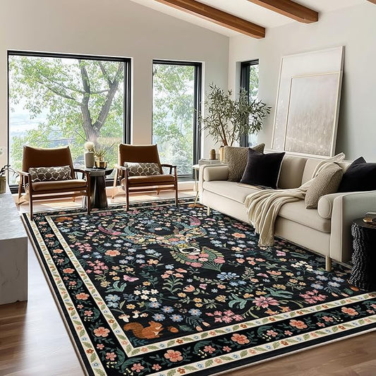 Area Rug Vintage Floral Deer Pattern 8x10 - Bohemian Forest Animal Carpet with Squirrel & Butterfly, Soft Decorative Area Rug for Living Room Bedroom Home Decor