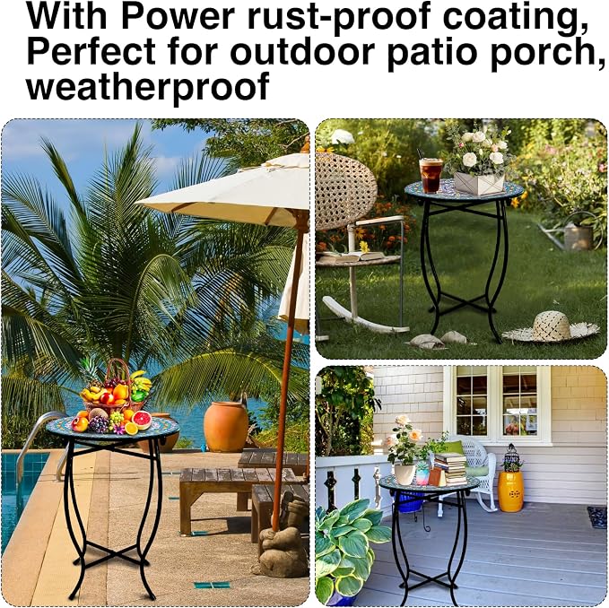 Outdoor Metal Side Tables, Round Patio Side Table, Weather Resistant Metal End Table Side Table for Patio Yard Porch Balcony Garden Bedside, Plant Stand for Indoor, Easy Assemble
