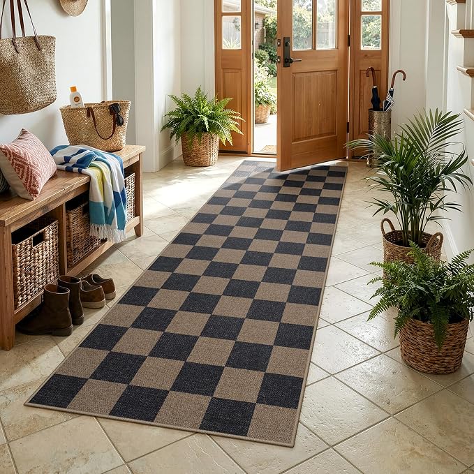 Lahome Colette Checkered Easy Jute 2x8 Runner Rug, Washable Kitchen Runner Rug Non Slip for Entryway Indoor, Checkerboard Black Indoor Outdoor Carpet for Hallway 8ft Entry Laundry Porch