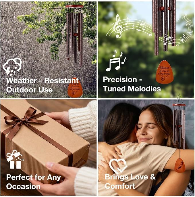 Sympathy & Memorial Wind Chimes for Outside – Deep Tone Aluminum Chimes with Mute Feature, Inspirational Quote, Feather & Dandelion Art Wooden Sail, Garden Decor (Reddish Bronze, 37 Inch)