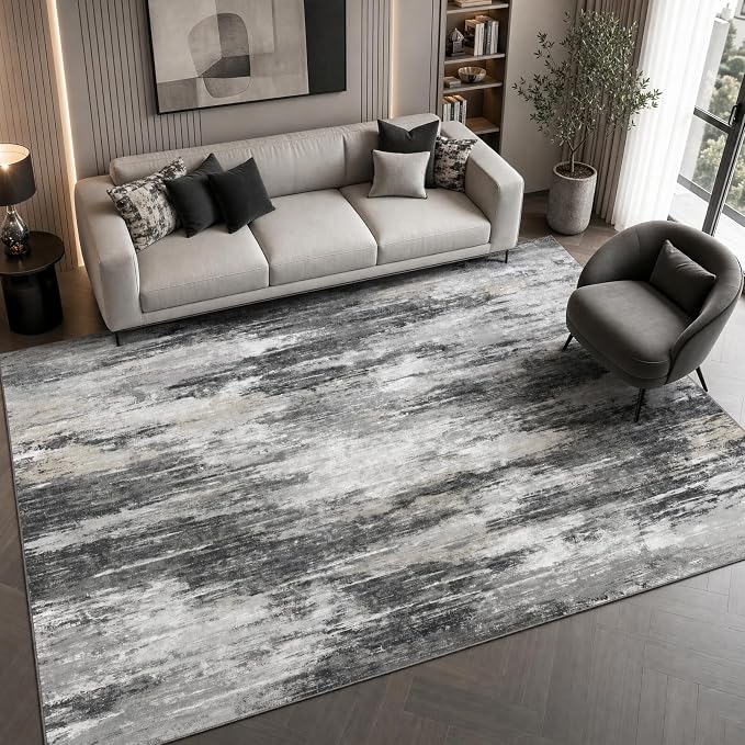 AMADA HOMEFURNISHING 6x9 Washable Area Rug, Modern Abstract Living Room Rug with Non-Slip Backing & Low Pile, Large Rug with Abstract Pattern for Living Room, Bedroom and Dinning Room, Light Grey