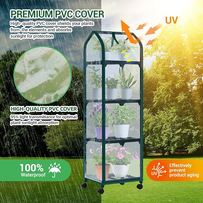 Ohuhu Mini Greenhouse for Indoor Outdoor, Small Plastic Plant Green House with Locking Wheels Portable Greenhouses with Durable Cover for Seedling, Ideal Gardening Gifts for Women Men Transparent