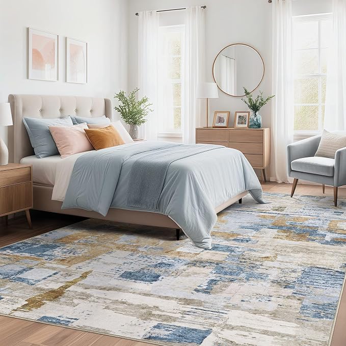 kakania Abstract 7x9 Area Rugs for Living Room: Washable Rugs Blue | Soft, Non-Slip, Low-Pile, Pet & Kid Friendly - Modern Home Decor Carpet for Bedroom/Dining Room/Office/Nursery