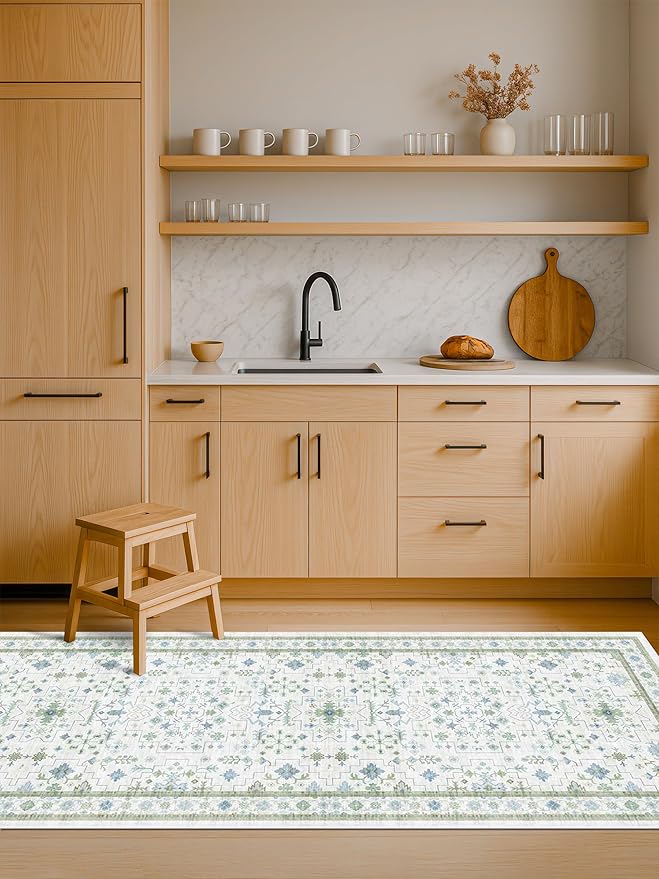 Washable Oushak 2x6 Bathroom Runner Rug, Eclectic Boho Floral Pastel, Non Slip Low Pile Stain Resistant Small Throw Rug for Bedroom, Laundry Room, Powder Room, Cream Green