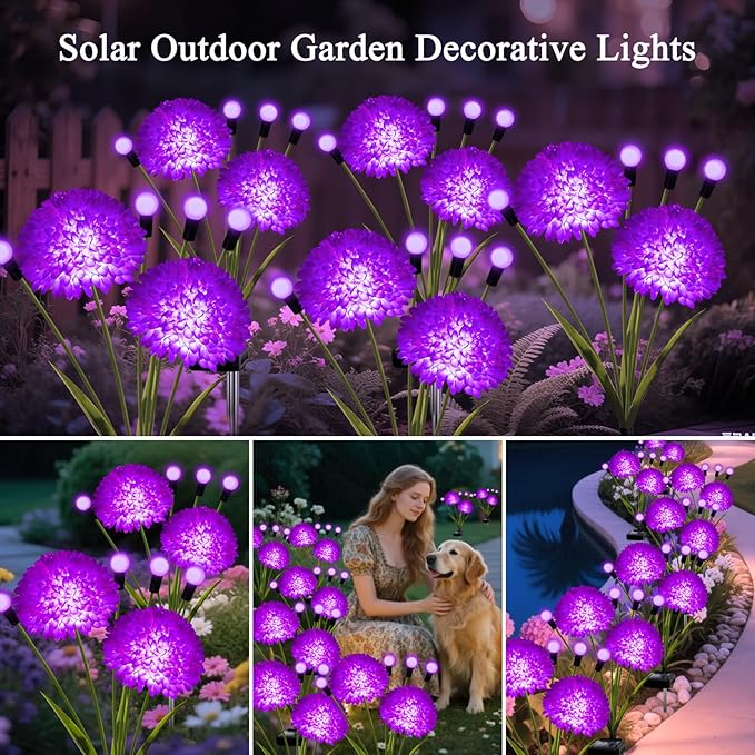 Solar Lights Outdoor Waterproof, 4 Pack Purple Solar Firefly Swaying Lights with Flowers, Flower Light Garden Decor for Halloween Christmas Outside Yard Patio, Gifts for Women Grandma