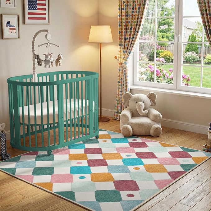 jinchan 5x5 Nursery Rug Kids Room Square Rug Washable Colorful Playroom Rug | Soft, Non-Slip, Confetti, Cute, Kid-Friendly, Modern Checkered Diamond Design, Play Mat, Bedroom, Daycare, Cream Background