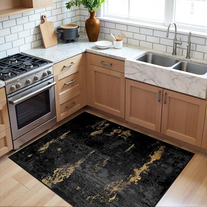 RELEANY Washable 3'x5' Abstract Area Rug for Living Room Black Gold | Carpet for Bedroom, Kitchen, Office, Hallway and Entryway, Printed Pattern, Non‑Slip, Soft, Stain‑Resistant, Easy to Clean