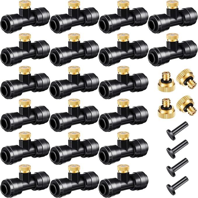 48 Pieces Brass Misting Nozzles Include Water Misting Tees Thread 1/4 Inch and Brass Orifice Nozzle with Black Plug for DIY Outdoor Patio Garden Backyard Cooling Spray System