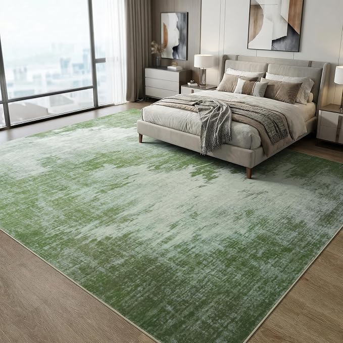 4x6 Abstract Distressed Faux Cashmere Rug for Living Room Low Pile | Machine Washable Throw Rugs, Non-Slip Stain Resistant Forest Floor Carpet for Bedroom, Dorm, Farmhouse Home Decor, Green