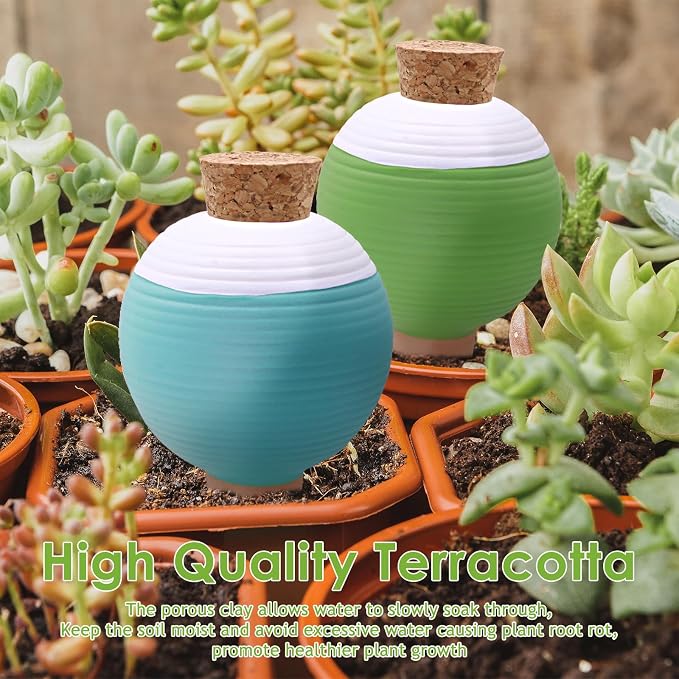 4PCS Plant Watering Globes, Large Terracotta Automatic Watering Stake Devices with Wooden Stopper for Pots, Planters, Indoor, Outdoor