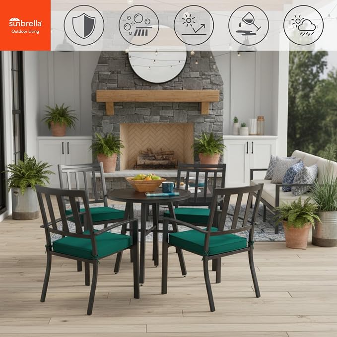 Indoor/Outdoor Chair Pads in Sunbrella Fabric – 17''x17'' Patio Seat Cushions with Foam Insert, Removable Reversible Cover & Ties for Patio Dining Chairs – Set of 2 or 4, Canvas Forest