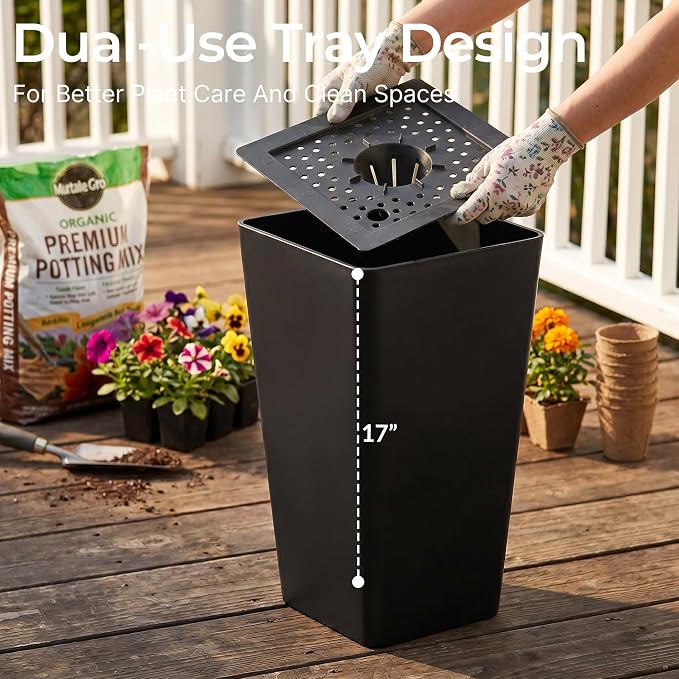 KOL Planters for Outdoor Plants, 20 Inch Tall Black Flower Pots 2 Pack, Large Plastic Plant Pots with Drainage Hole and Dual-Purpose Tray, Decorative Indoor Planter for Front Porch Patio Garden