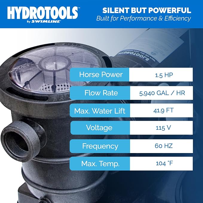 SWIMLINE HYDROTOOLS Model 722061S Hydro-Flo Above-Ground Pool Replacement Pump, Horizontal Discharge - 1.5 HP, 5,940 GPH, 115V/60Hz, Single Speed, for Sand, Cartridge & DE Filter Systems | Above-ground Pool Pump, 1.5 HP, 5, 940 GPH, Horizontal Discharg...