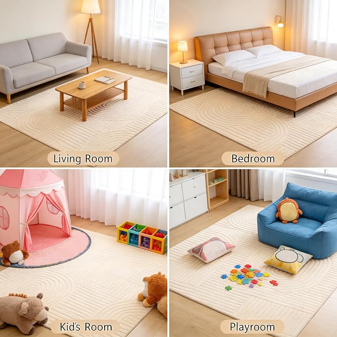 5x7 Solid Beige Area Rugs for Living Room, Geometric Washable Rug | Soft Fluffy Non-Slip Indoor Carpet, Neutral, Boho Modern Floor Rugs for Bedroom, Bedside, Kids Room, Nursery, Entryway