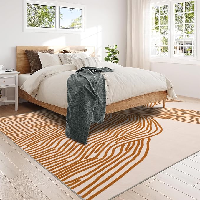 Orange Rug for Living Room, 8×10 Modern Abstract Area Rug, Geometric Contemporary Wave Striped Rugs for Playroom Nursery, Washable Nonslip Large Rug for Bedroom Dining Room