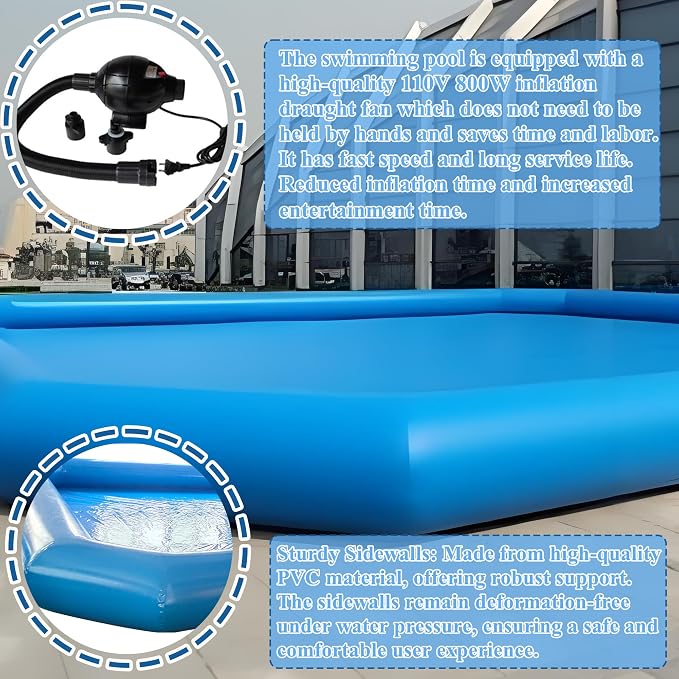 Inflatable Pool 6x6x0.65m Inflatable Swimming Pools Thickened Swimming Pool Portable Foldable Pool for Outdoor Water Play with Blower 110V 800W