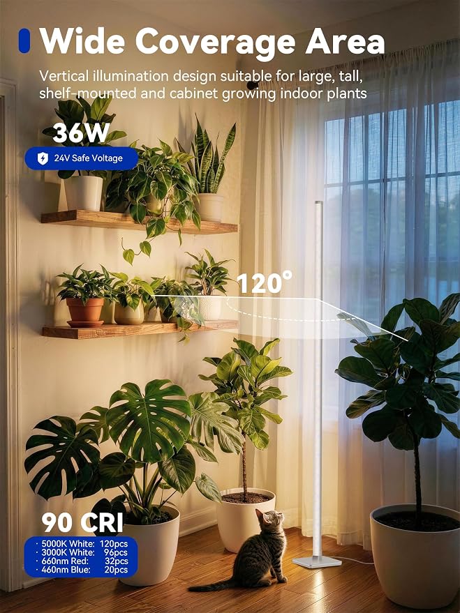 GLOWRIUM Grow Lights for Indoor Plants, 36W Vertical Plant Grow Lights with Auto-Timer, Full Spectrum LED Standing Plant Grow Light, 3 Light Modes, 6-Level Dimmable (60 in(Silver))