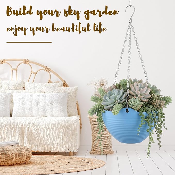 Zopeal 16 Pack Self Watering Hanging Planters 8 Inch Garden Flower Plant Pot Container with Drainer and Chain Round Hanging Pot Plant Basket for Indoor Outdoor Plants(Blue)