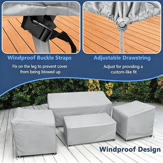 STARTWO Outdoor Furniture Cover Waterproof, 4 Piece Patio Furniture Set Cover for Outside Couch, Lawn Chairs, Coffee Table, Windproof with Buckle Strap, Grey