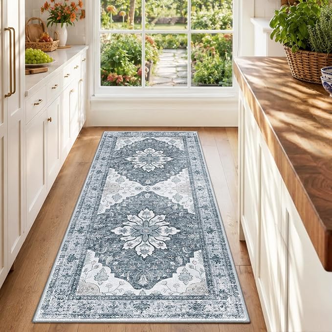 RELEANY Washable Area Rug, Runner 2'x6', Grey/White/Beige | Non-Slip, Water Repellent, Pet Friendly, Easy to Clean, Vintage Floral Boho Decor for Kitchen Entry Bedroom Bedside Laundry