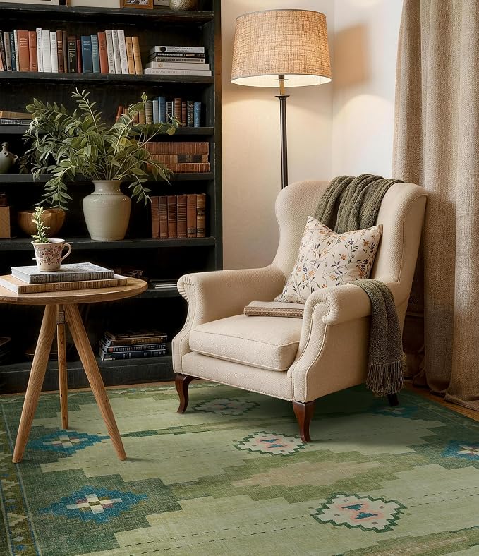 YIHOUSE 5’x7’ Washable Green Mid Century Modern Area Rug for Living Room | Non-Slip, Soft, Low Pile, Funky Retro Aztec Rug for Bedroom Dining Room Playroom, Green