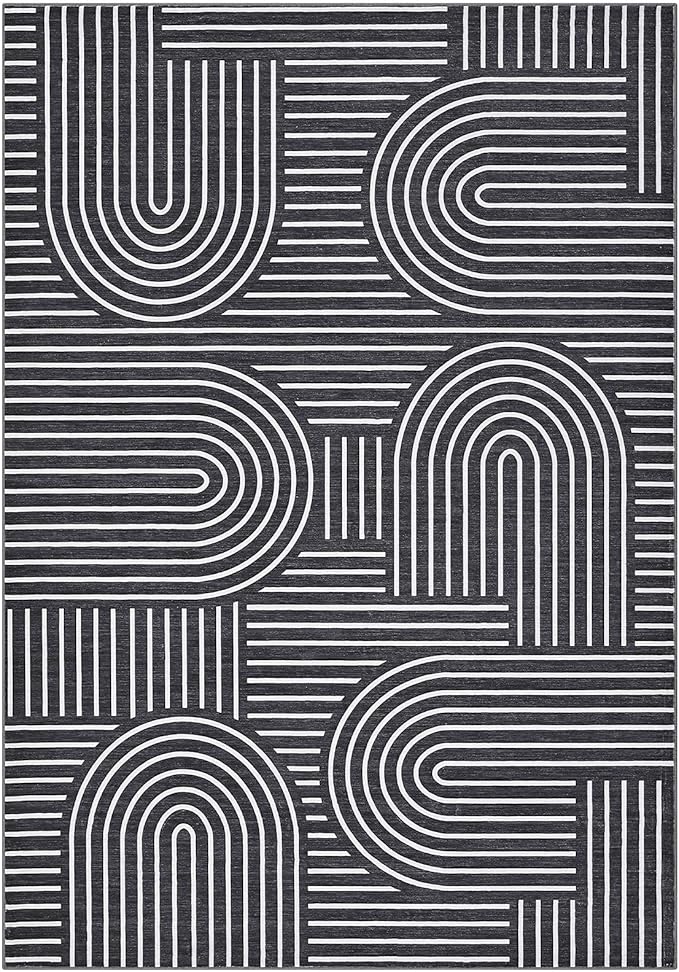 ROYHOME Modern Washable Rug 9x12 Area Rugs for Living Room Non Slip, Black | Abstract Rug for Bedroom, Rainbow Throw Rugs with Rubber Back, Low Pile Stain Resistant Boho Geometric Carpet for Dining Room