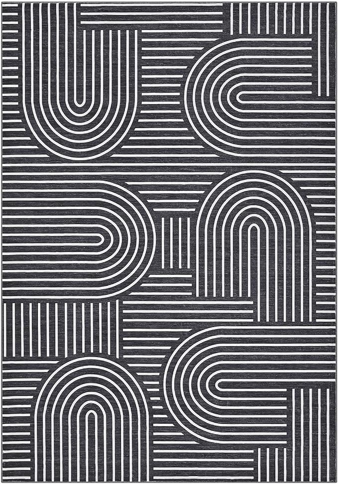 ROYHOME Modern Washable Rug 6x9 Area Rugs for Living Room Non Slip, Black | Abstract Rug for Bedroom, Rainbow Throw Rugs with Rubber Back, Low Pile Stain Resistant Boho Geometric Carpet for Dining Room