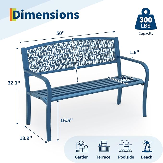 50" Outdoor Metal Garden Bench, Patio Steel Bench with Curved Backrest, Decorative Pattern, Weather-Resistant Porch Bench for Yard, Park, Deck, Backyard