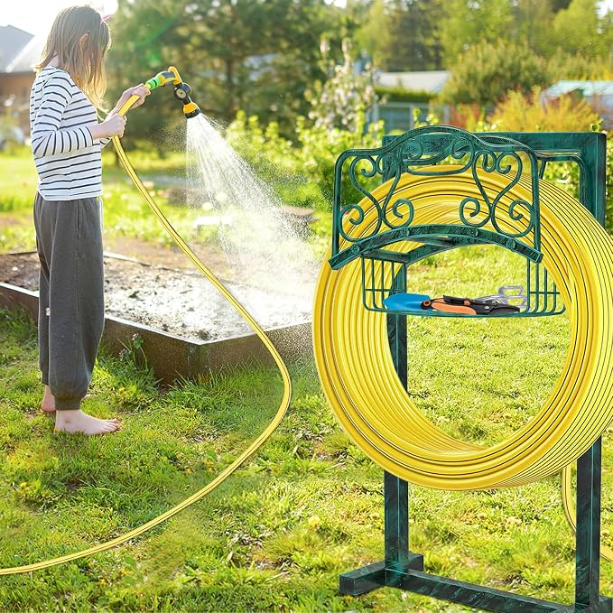 Garden Hose Holder for Outside - Upgraded Water Hose Holder Holds with Storage Basket, Heavy Duty Metal Freestanding Garden Hose Storage Reel Rack for Outdoor Yard Lawn (Green)