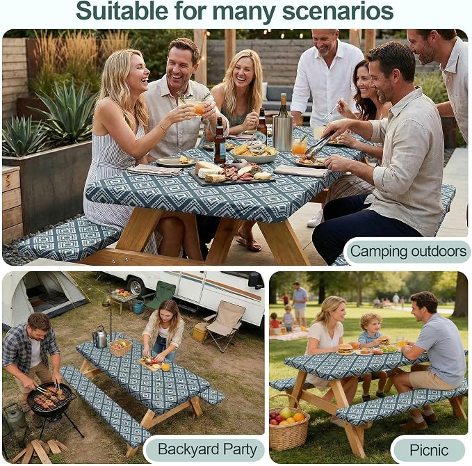 Play Tailor Picnic Table Cover with Bench Covers Camping Essentials Waterproof Windproof Camping Tablecloth with Drawstring Bag, Fitted Rectangle Tables and Seats, 72in, Blue Green Plaid