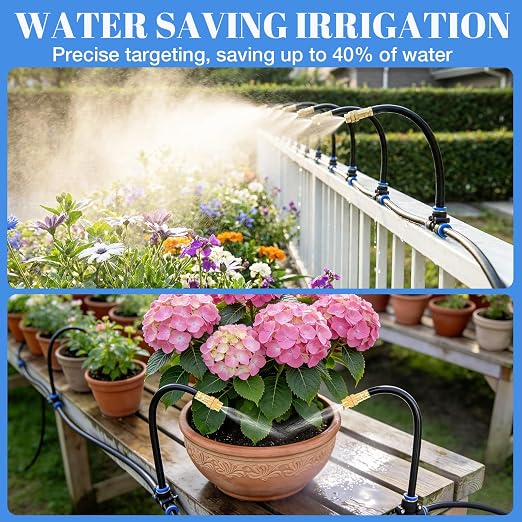 GOTGELIF 100FT Drip Irrigation Kit, with 25Pcs 360° Adjustable Nozzles, 5/16" Tubing, 30 T-connectors, Water-Saving System, Garden Watering Sprinkler for Greenhouse, Vegetable,Potted Plants, Lawn