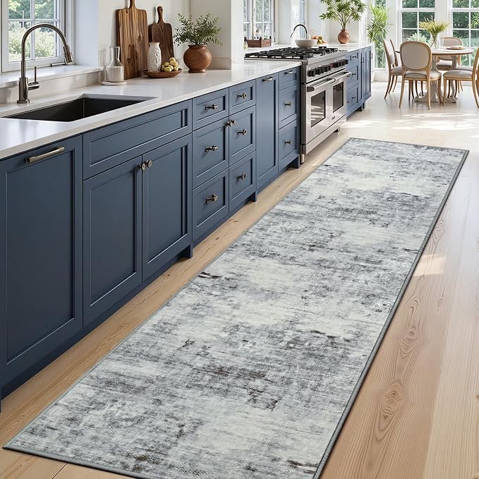 Toneed Washable 2x8 Non-Slip Runner Rug for Hallway Kitchen, Grey | Abstract Soft Modern Low Pile Area Rugs for Bedroom Laundry Living room,Indoor Carpet for Bedside Home Decor