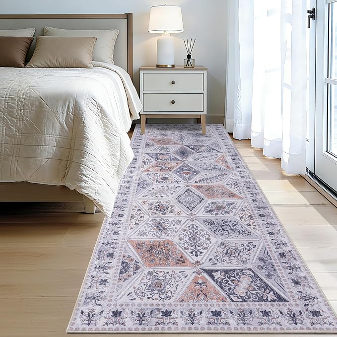 Moroccan Vintage Distressed Boho Floral Geometric 2.7x8 Runner Rug | Washable Non Slip Throw Floor Long Carpet Runner for Hallway Entryway Kitchen Bathroom Bedroom Livingroom Light Grey