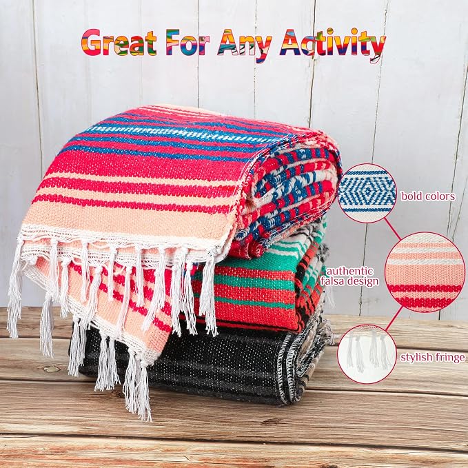Oudain 3 Pack Mexican Blankets 45 x 70 Inch Woven Serape Throw Blanket, Baja Yoga Blanket for Beach Picnic Camping Boho Couch Decor Travel Outdoor (Fresh Color)
