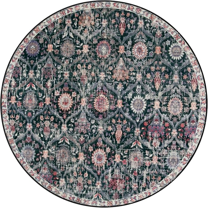 Lahome Moroccan Washable Round Rugs, Non-Slip Soft Round Rug 4ft Ultra-Thin | Trellis Small Vintage Circle Carpet for Entryway Kitchen Bedroom Nursery Bathroom Elise, Black Multi