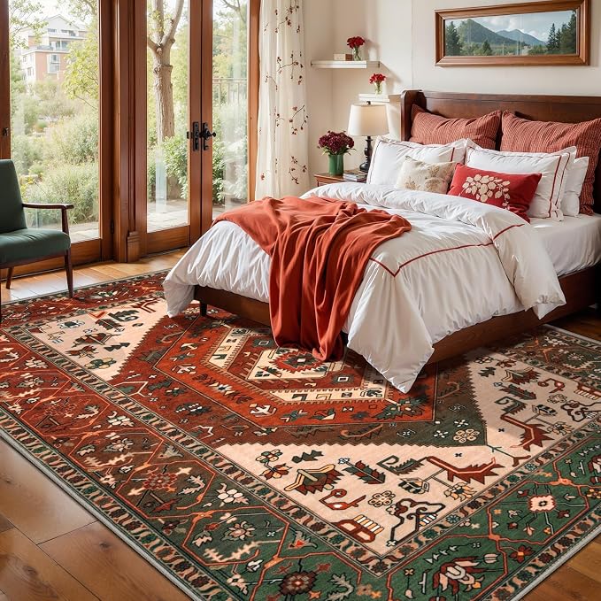 SERISSA 6x9 Washable Non Slip Boho Area Rug for Living Room | Ultra Soft Vintage Oriental Carpet Low-Pile Terracotta Green Throw Carpet for Dining Room Bedroom Dorm Office Home Decor