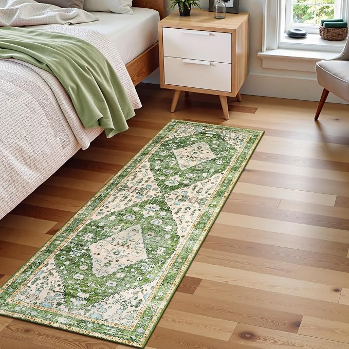 Lahome Felice Boho Runner Rugs 2x5 Green Kitchen Runner Rugs Non Skid Washable, Tribal Vintage Soft Machine Washable Non-Shedding Indoor Runners for Bedroom Hallway Bathroom Decor