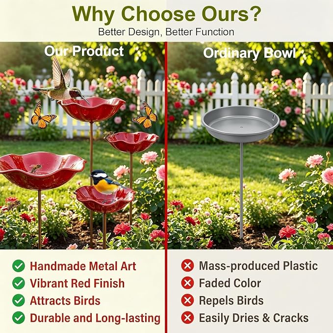 3Pcs Mini Bird Bath for Outsides, Handmade Metal Flower Garden Stake Birdbaths & Birdfeeder, Bird Baths Feeder Bowl for Outdoors Garden Patio Yard Lawn Decor,Decorative Gift for Nature Lovers