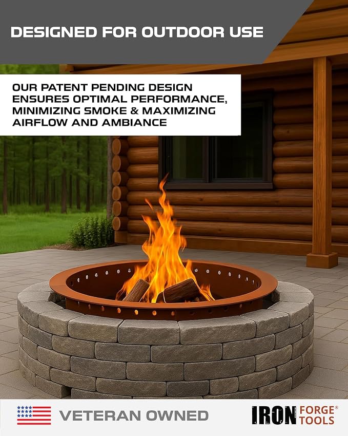 Iron Forge Tools Smokeless Outdoor Fire Pit Ring Insert 30 Inch Round | heavy duty corten steel, permanent fire pit rings, backyard bonfire, smokeless firepit, 24 inch inner ring, pit liner insert