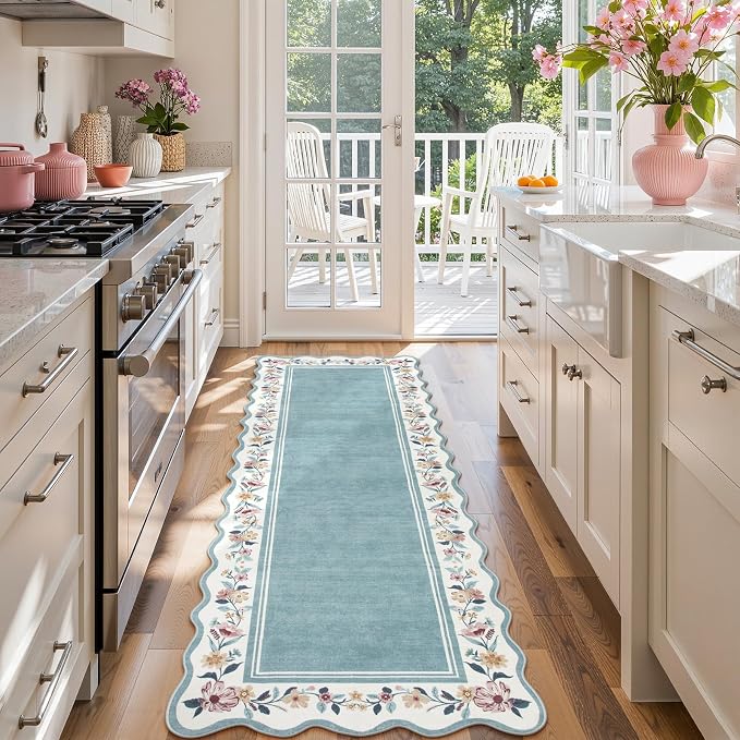 Lahome Floral Blue 2x6 Runner Rug for Hallway, Scalloped Kitchen Rug | Washable Rug Runner Non Slip, Ultra-Thin Stain Resistant Boho Carpet Runner for Laundry Bathroom Bedroom Ariele