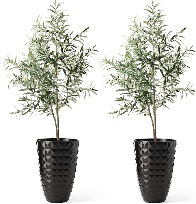 Glitzhome 19.75" H Oversized Tall Planter, Modern Set of 2 Round Tall Black Planters with Drainage Holes, Garden Plant Pots Flower Container for Indoor Outdoor, Front Door, Patio and Deck