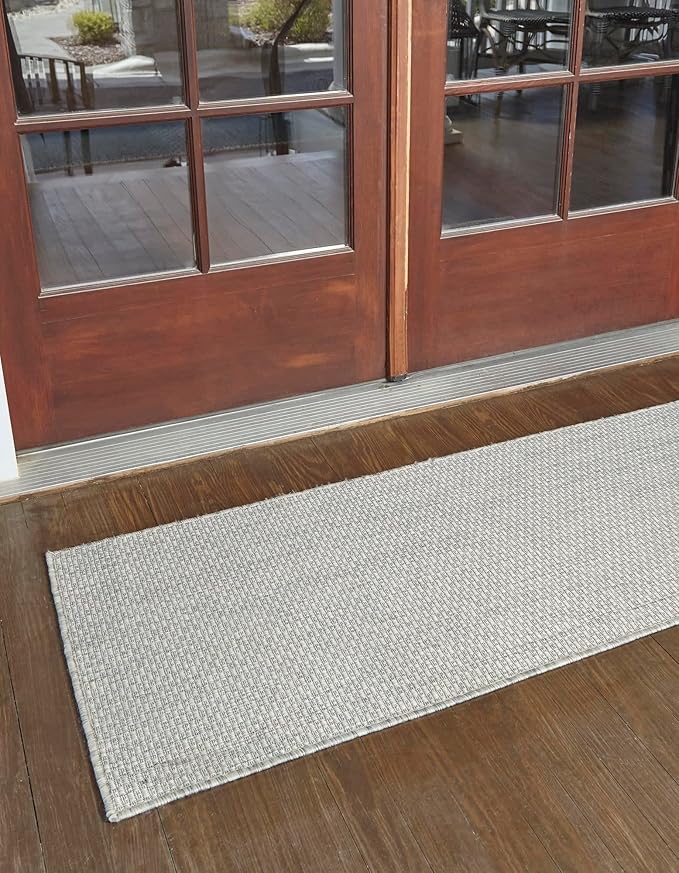 Unique Loom Collection Casual Transitional Solid Heathered Indoor/Outdoor Flatweave Area Rug (2' 7" x 12' Runner, Light Gray/Ivory)