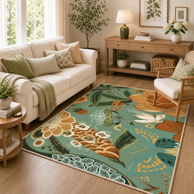 Tyrot Sage Green Boho Floral 3x5 Washable Area Rug Flat Woven Ultra-Thin Low Pile Rug Non Slip Indoor Botanical Butterfly Rug for Living Room, Bedroom, Entryway, Nursery, Dorm