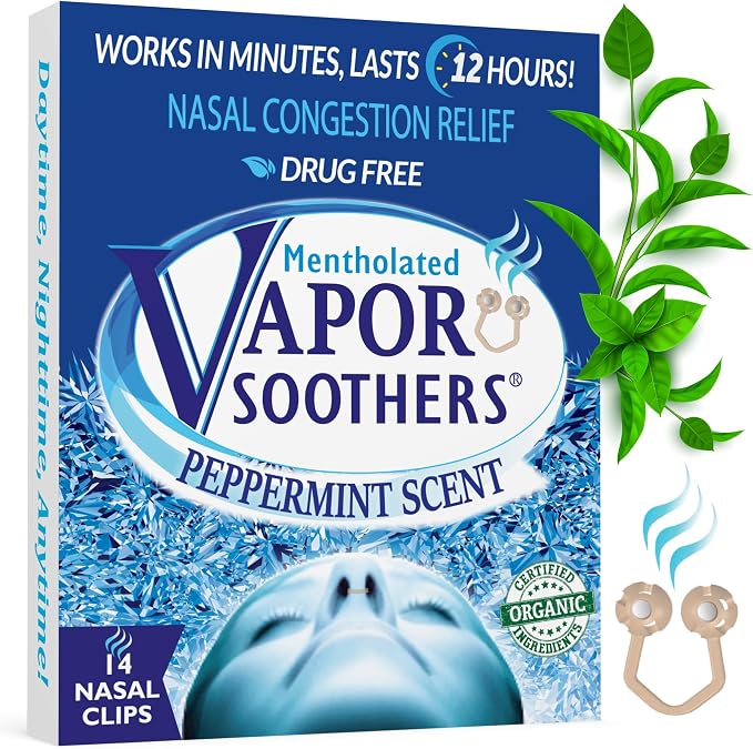 Vapor Soothers Mentholated Nasal Dilators for Breathing, Instant Nasal Congestion Relief, Nose Clips for Snoring, Nasal Dilators for Sleeping, Mentholated Peppermint, 14 Count, Drug-Free