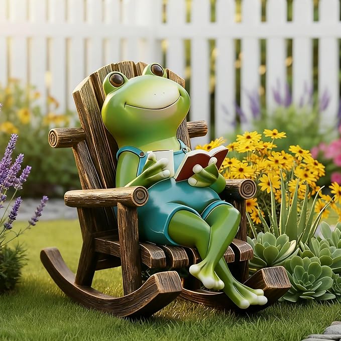 Flytime Frog Garden Decor, Outdoor Garden Statue,Frog on Rocking Chair,Suitable for Indoor and Outdoor Patios, Gardens, Flowers, and Lawns, A Whimsical Decoration(Coffee)